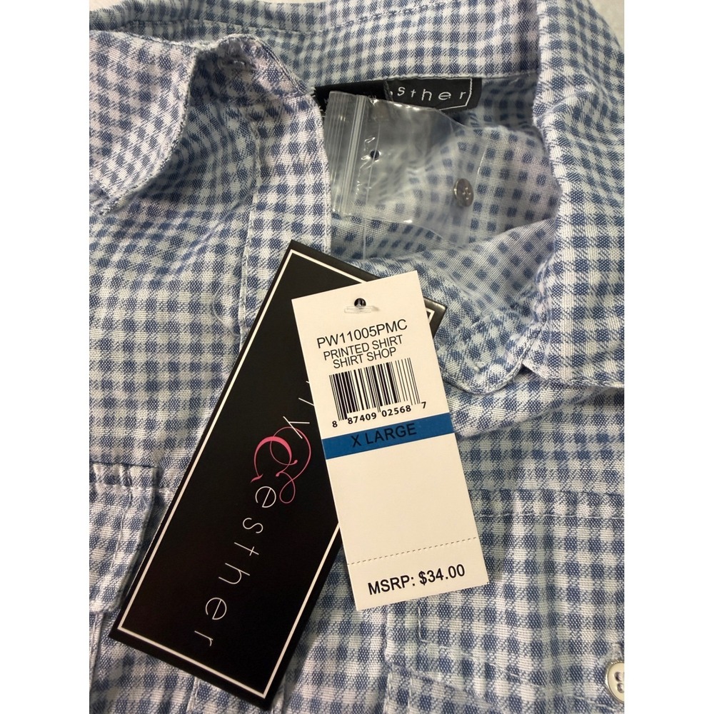 Polly & Esther Womens XL Gingham Button Down Shirt Blue White PW11005PMC NWT - Picture 4 of 9